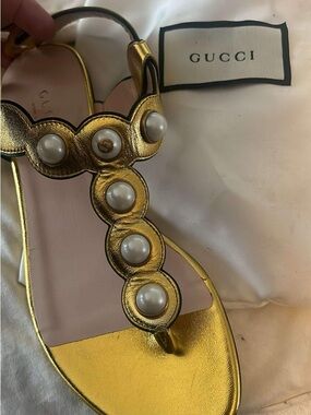 Gucci Metallic Gold Pearl-Accent Women’s Sandals